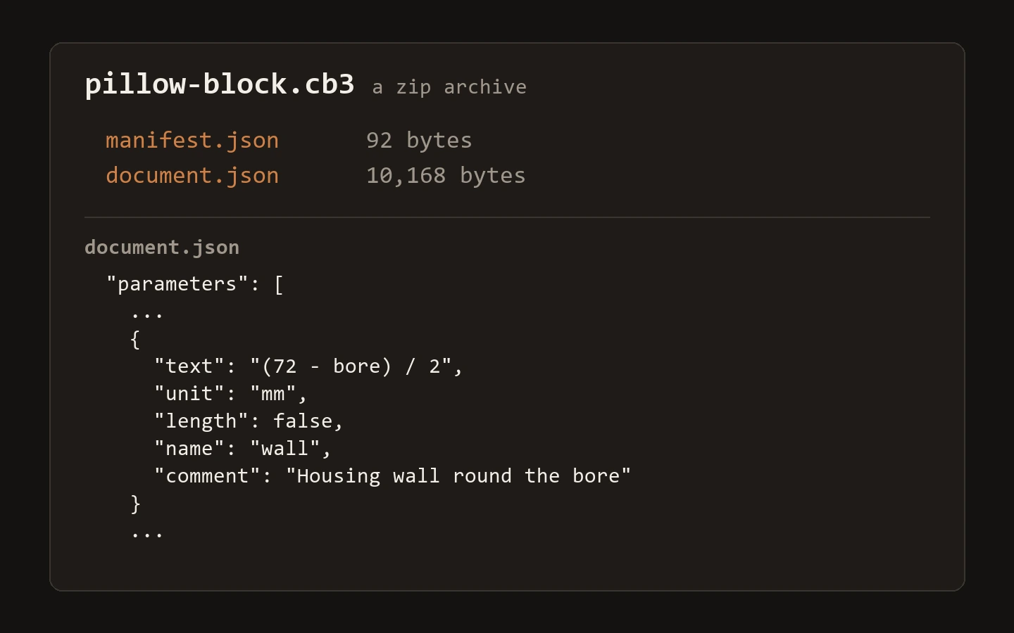 What is inside a project file: manifest.json and document.json, with a parameter as it is stored