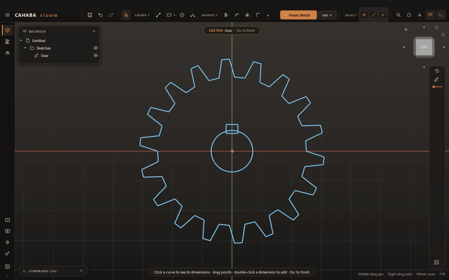 A spur gear outline imported from an SVG file as sketch lines and a circle