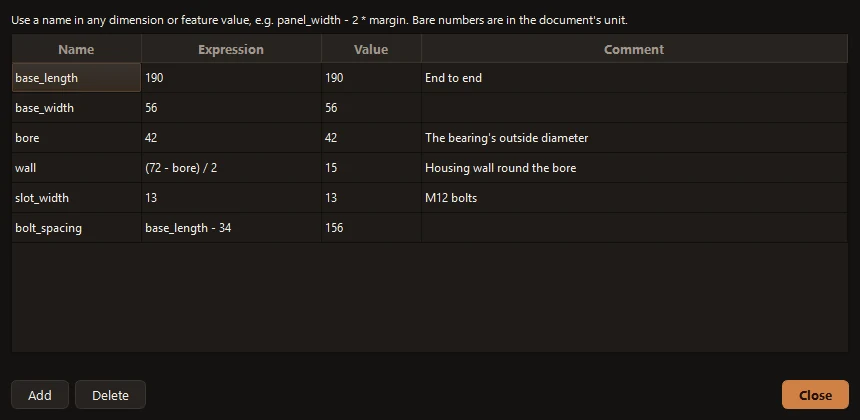 The Parameters table: bore, wall and bolt_spacing with their expressions and values