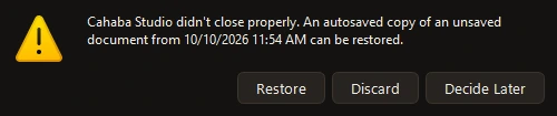 The prompt after a crash: an autosaved copy can be restored, discarded or decided later