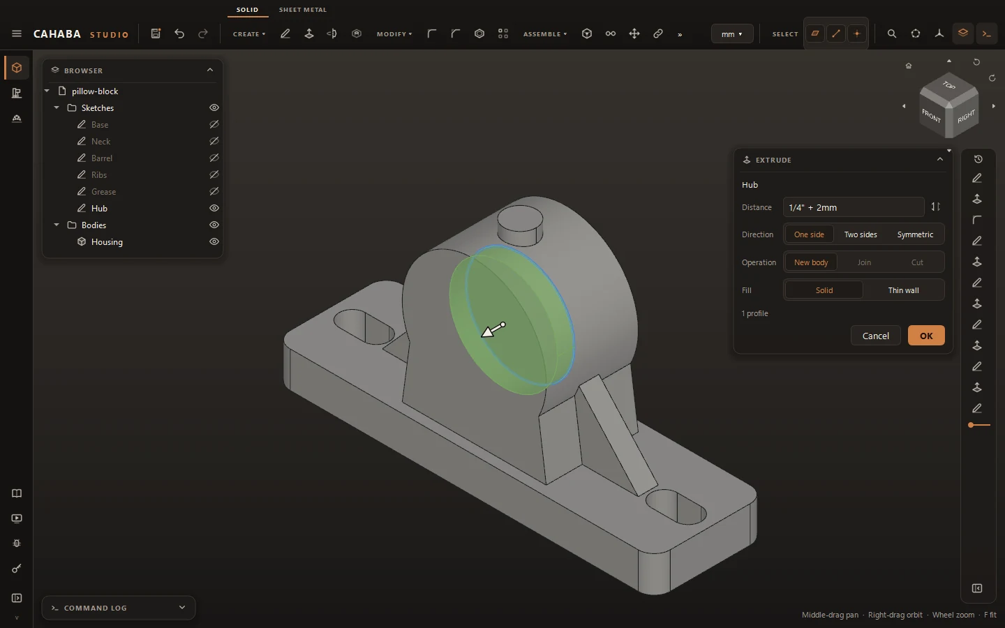 The Extrude card with a distance of 1/4" + 2mm typed in a millimetre document